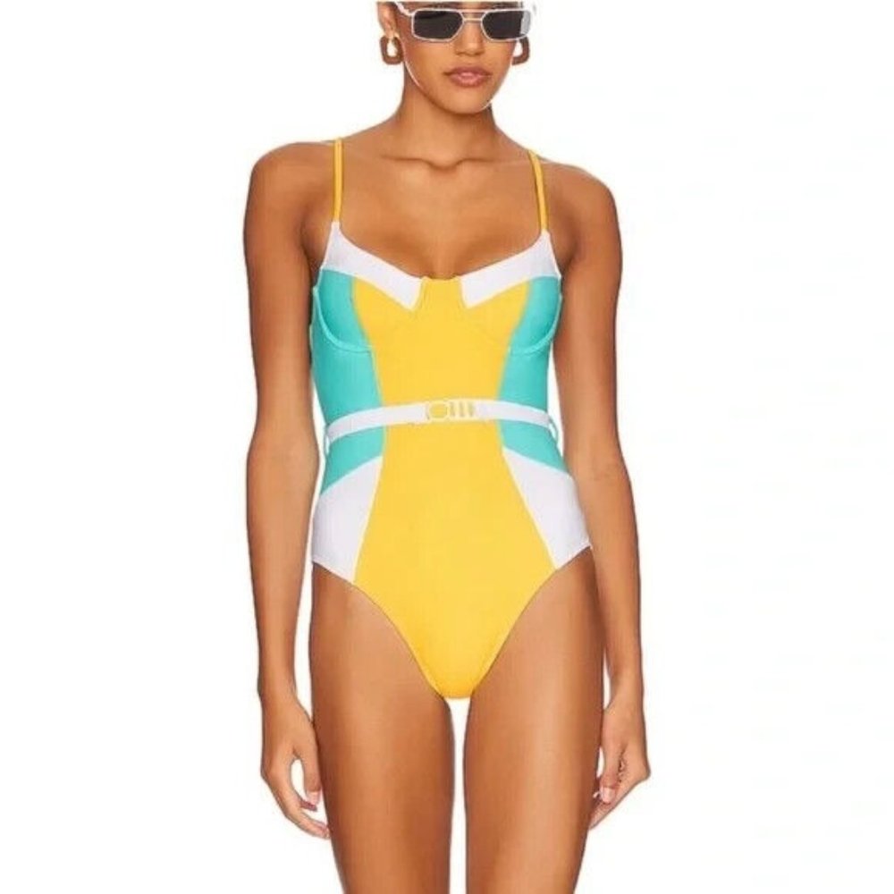 Solid & Striped The Spencer One Piece Swimsuit Aqua/Yellow